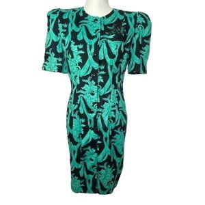 Vintage 80’s petite jazz ladies dress midi button front puff sleeve size 8 USA